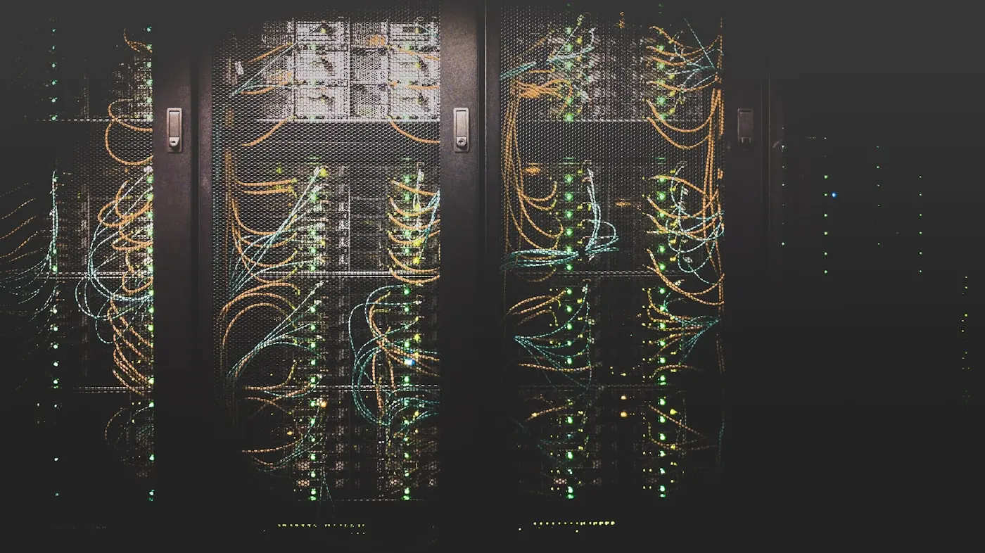 Server cabinets in a data hall.